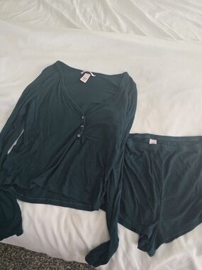 Victoria's Secret Deep Teal Long-Sleeve Henley Top & Shorts Sleep Set